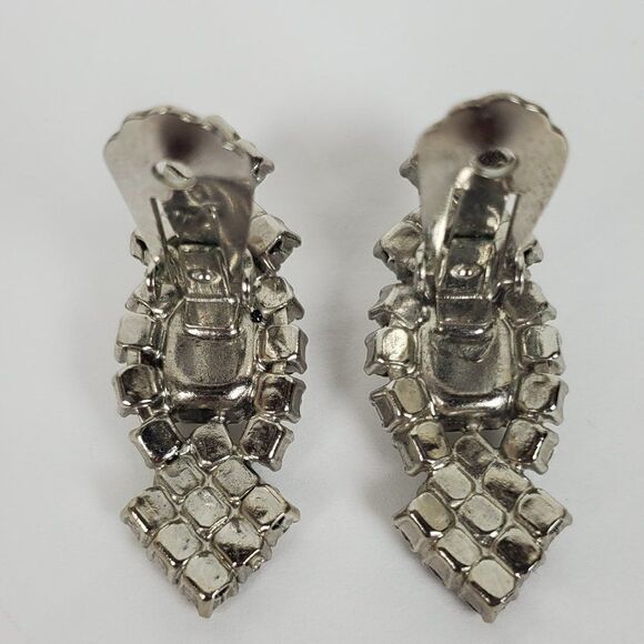 Vintage Clear Crystal Rhinestone Glass Statement Silver Tone Clip On Earrings - Picture 7 of 10